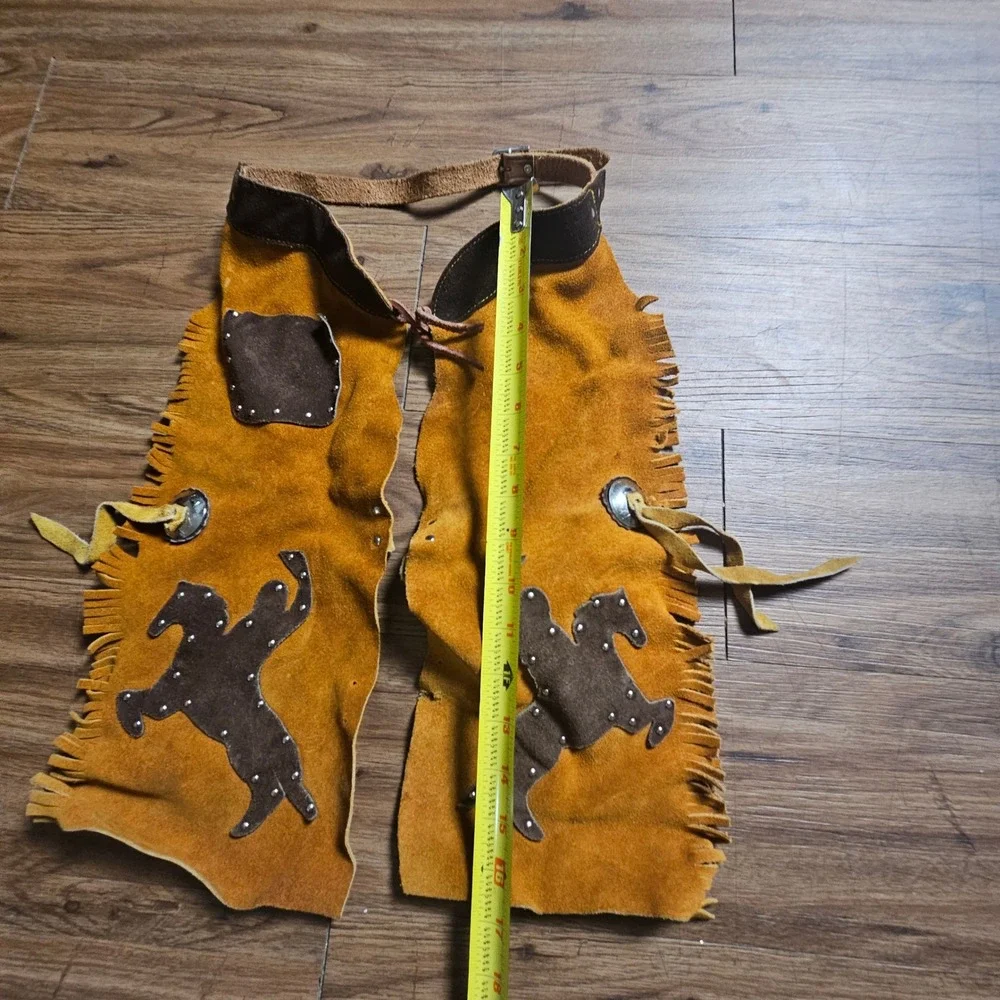 Vintage M&F Western Kids Suede Leather Fringe Chaps S Studded Bronco Cowboy